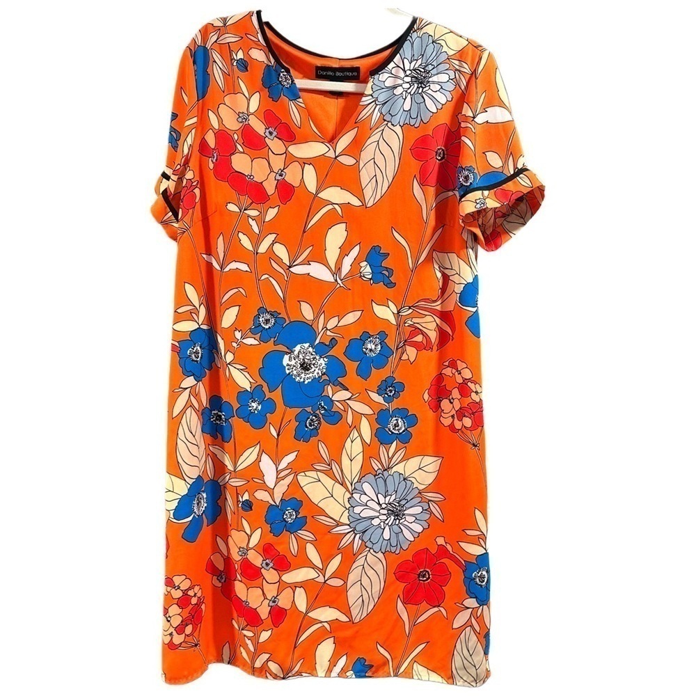 Daniello Boutique Shift Knee Length Floral Vibrant Dress Orange 12 Large VGUC - Picture 3 of 16